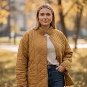 Kensie Jeans Quilted Jacket Women’s Tan Button Up Size L Snap Closure Cotton